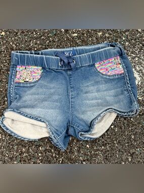 SQZ Denim Shorts Girls 10 Sequined Elastic Pull On Color Change Pockets